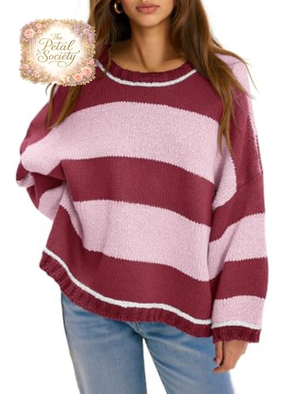 Oversized Knitted Striped Color Block Crewneck Long Sleeve Pullover Sweater